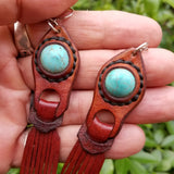 Boho Leather Earring with Turquoise Stone Setting (4431589867574)