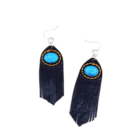 Leather Earring with Turquoise Stone Setting (4436963590198)