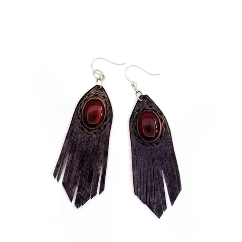 Boho Leather Earring with Red Agate Stone (4436968669238)