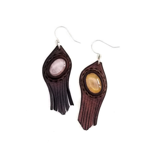 Boho Leather Earring with Agate Stone Setting (4436994555958)