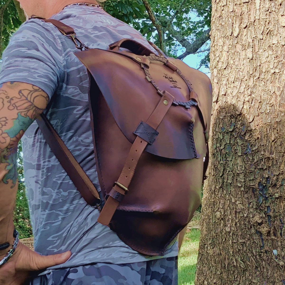bottom leather backpack Handcrafted Unique Large Genuine Leather Backpack with Clutch Plate De – Balance Headwear