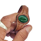 Boho Handcrafted Genuine Vegetal Brown Vegetal Brown Leather Bracelet with Green Agate Stone-Unique Gift Fashion Jewelry Cuff