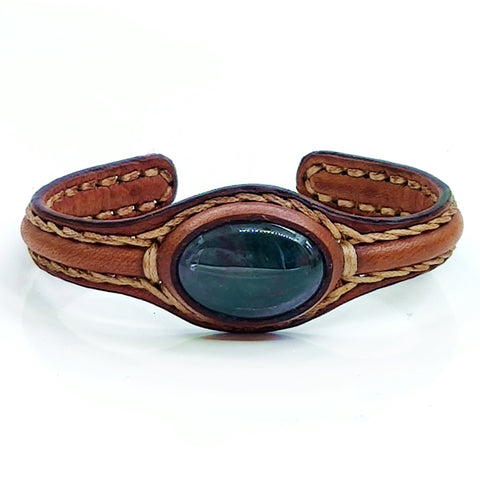 Handcrafted Genuine Brown Leather Bracelet with Green Moss Agate Stone-Unisex Gift Fashion Jewelry Cuff