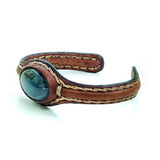 Handcrafted Genuine Brown Leather Bracelet with Green Moss Agate Stone-Unisex Gift Fashion Jewelry Cuff