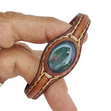 Handcrafted Genuine Brown Leather Bracelet with Green Moss Agate Stone-Unisex Gift Fashion Jewelry Cuff