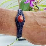 Handcrafted Genuine Black Leather Bracelet with Amber Agate Stone-Gift Unisex Fashion Leather Bracelet Cuff