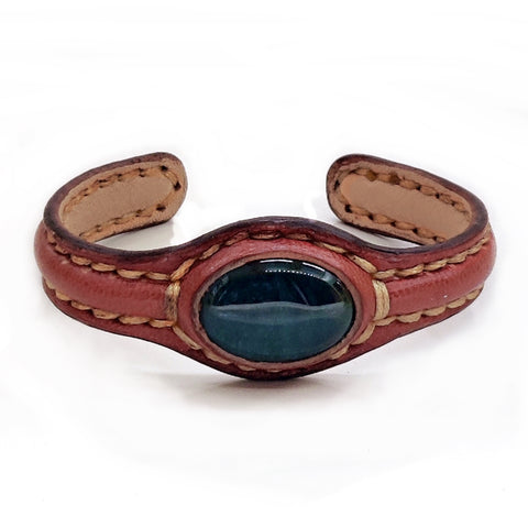 Handcrafted Genuine Brown Vegetal Leather Bracelet with Green Moss Agate Stone Setting-Unisex Gift-Unique Fashion Jewelry Cuff