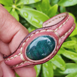 Handcrafted Genuine Brown Vegetal Leather Bracelet with Green Moss Agate Stone Setting-Unisex Gift-Unique Fashion Jewelry Cuff