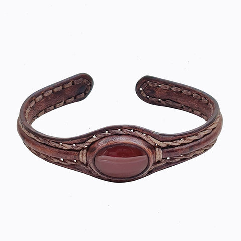 Boho Handcrafted Genuine Vegetal Leather Bracelet with Red Agate Stone-Unisex Gift Fashion Jewelry Cuff