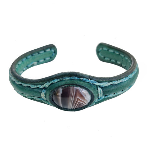 Handcrafted Genuine Green Leather Bracelet with Black Agate Stone-Gift Fashion Women's Jewelry Cuff