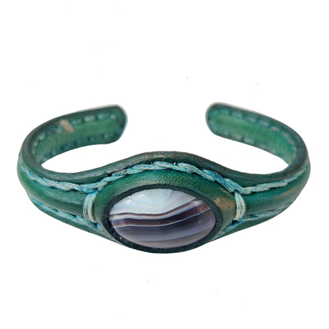 Handcrafted Genuine Leather Bracelet with Black Agate Stone-Unisex Gift Fashion Jewelry with Natural Stone Bracelet Cuff