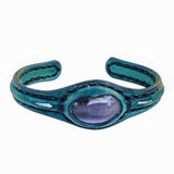 Handcrafted Genuine Green Vegetal Leather Bracelet with Gray Cat Eye Stone Setting-Unisex Gift Fashion Jewelry Cuff.