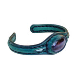 Handcrafted Genuine Green Vegetal Leather Bracelet with Gray Cat Eye Stone Setting-Unisex Gift Fashion Jewelry Cuff.
