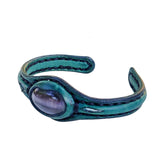 Handcrafted Genuine Green Vegetal Leather Bracelet with Gray Cat Eye Stone Setting-Unisex Gift Fashion Jewelry Cuff.