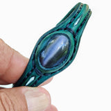 Handcrafted Genuine Green Vegetal Leather Bracelet with Gray Cat Eye Stone Setting-Unisex Gift Fashion Jewelry Cuff.