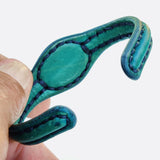 Handcrafted Genuine Green Vegetal Leather Bracelet with Gray Cat Eye Stone Setting-Unisex Gift Fashion Jewelry Cuff.