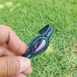 Handcrafted Genuine Green Vegetal Leather Bracelet with Gray Cat Eye Stone Setting-Unisex Gift Fashion Jewelry Cuff.