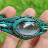 Handcrafted Genuine Green Vegetal Leather Bracelet with Gray Cat Eye Stone Setting-Unisex Gift Fashion Jewelry Cuff.