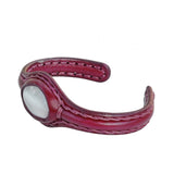 Handcrafted Genuine Vegetal Leather Bracelet with White Cat Eye Stone Setting-Unisex Gif Fashion Jewelry Cuff