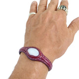 Handcrafted Genuine Vegetal Leather Bracelet with White Cat Eye Stone Setting-Unisex Gif Fashion Jewelry Cuff