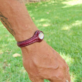 Handcrafted Genuine Vegetal Leather Bracelet with White Cat Eye Stone Setting-Unisex Gif Fashion Jewelry Cuff