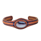 Handcrafted Genuine Vegetal Brown Leather Bracelet with Gray Agate Stone Setting-Unisex Gift Fashion Jewelry Cuff