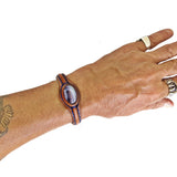 Handcrafted Genuine Vegetal Brown Leather Bracelet with Gray Agate Stone Setting-Unisex Gift Fashion Jewelry Cuff