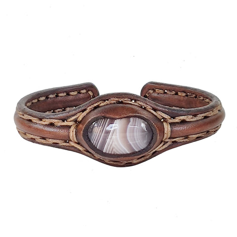 Handcrafted Genuine Vegetal Leather Bracelet with Brown Agate Stone Setting-Unisex Gift Fashion Jewelry Cuff