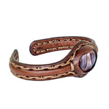 Handcrafted Genuine Vegetal Leather Bracelet with Brown Agate Stone Setting-Unisex Gift Fashion Jewelry Cuff