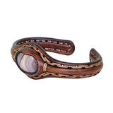 Handcrafted Genuine Vegetal Leather Bracelet with Brown Agate Stone Setting-Unisex Gift Fashion Jewelry Cuff