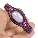 Boho Handcrafted Genuine Maroon Leather Bracelet with White Agate Stone Setting-Life Style Unisex Gift Fashion Jewelry Bangle-Cuff