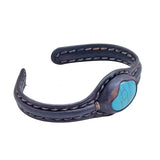 Handcrafted Genuine Black Vegetal Leather Bracelet with Firuze Stone Setting-Unisex Gift Fashion Jewelry Cuff