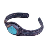Handcrafted Genuine Black Vegetal Leather Bracelet with Firuze Stone Setting-Unisex Gift Fashion Jewelry Cuff