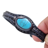 Handcrafted Genuine Black Vegetal Leather Bracelet with Firuze Stone Setting-Unisex Gift Fashion Jewelry Cuff