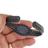 Handcrafted Genuine Black Vegetal Leather Bracelet with Firuze Stone Setting-Unisex Gift Fashion Jewelry Cuff