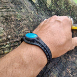 Handcrafted Genuine Black Vegetal Leather Bracelet with Firuze Stone Setting-Unisex Gift Fashion Jewelry Cuff