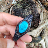 Handcrafted Genuine Black Vegetal Leather Bracelet with Firuze Stone Setting-Unisex Gift Fashion Jewelry Cuff