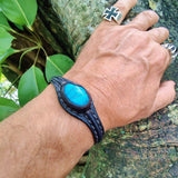 Handcrafted Genuine Black Vegetal Leather Bracelet with Firuze Stone Setting-Unisex Gift Fashion Jewelry Cuff