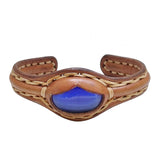 Handcrafted Genuine Vegetal Leather Bracelet with Blue Cat's Eye Stone Setting-Unisex Gift-Fashion Jewelry Cuff