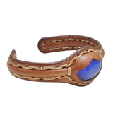 Handcrafted Genuine Vegetal Leather Bracelet with Blue Cat's Eye Stone Setting-Unisex Gift-Fashion Jewelry Cuff