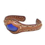 Handcrafted Genuine Vegetal Leather Bracelet with Blue Cat's Eye Stone Setting-Unisex Gift-Fashion Jewelry Cuff