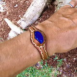 Handcrafted Genuine Vegetal Leather Bracelet with Blue Cat's Eye Stone Setting-Unisex Gift-Fashion Jewelry Cuff