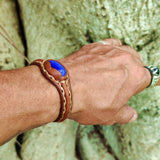 Handcrafted Genuine Vegetal Leather Bracelet with Blue Cat's Eye Stone Setting-Unisex Gift-Fashion Jewelry Cuff