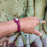 Handcrafted Genuine Vegetal Leather Bracelet with White Cat Eye Stone Setting-Unisex Gift-Unique Gift Fashion Jewelry Cuff