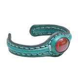 Handcrafted Genuine Green Vegetal Leather Bracelet with Red Agate Stone Setting-Unisex Gift-Fashion Jewelry Cuff