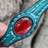 Handcrafted Genuine Green Vegetal Leather Bracelet with Red Agate Stone Setting-Unisex Gift-Fashion Jewelry Cuff