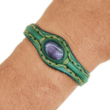Handcrafted Genuine Green Vegetal Leather Bracelet with Gray Cat Eye Stone Setting-Unisex Gift-Fashion Jewelry Cuff