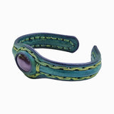 Handcrafted Genuine Green Vegetal Leather Bracelet with Gray Cat Eye Stone Setting-Unisex Gift-Fashion Jewelry Cuff
