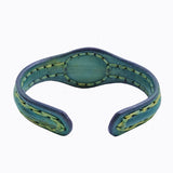Handcrafted Genuine Green Vegetal Leather Bracelet with Gray Cat Eye Stone Setting-Unisex Gift-Fashion Jewelry Cuff