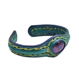 Handcrafted Genuine Green Vegetal Leather Bracelet with Gray Cat Eye Stone Setting-Unisex Gift-Fashion Jewelry Cuff